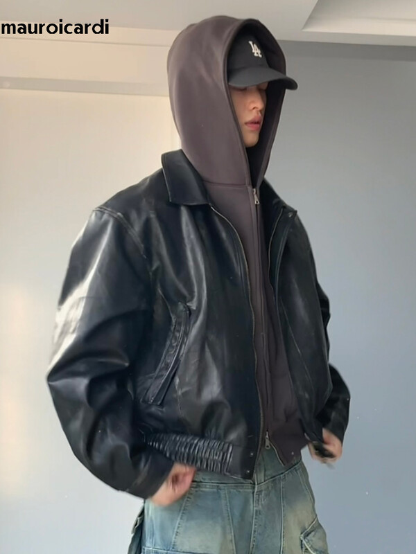Mauroicardi Primăvară Cool Arătos Scurt Vintage Distressed Negru Pu Jachetă din piele Bărbați Fermoar Designer de lux haine unisex 2024