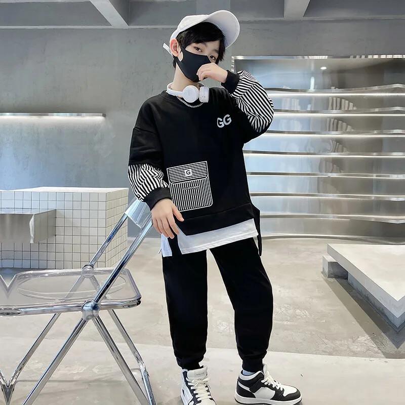 Haine toamna iarna pentru bebelusi baieti Set 2 bucăți fals și pantaloni sport pentru copii, cu dungi laterale, trening, ținute de buzunar cu imprimeu