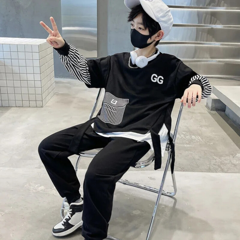 Haine toamna iarna pentru bebelusi baieti Set 2 bucăți fals și pantaloni sport pentru copii, cu dungi laterale, trening, ținute de buzunar cu imprimeu