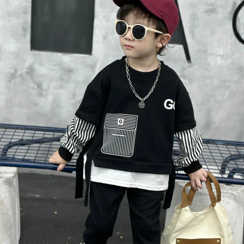 Haine toamna iarna pentru bebelusi baieti Set 2 bucăți fals și pantaloni sport pentru copii, cu dungi laterale, trening, ținute de buzunar cu imprimeu