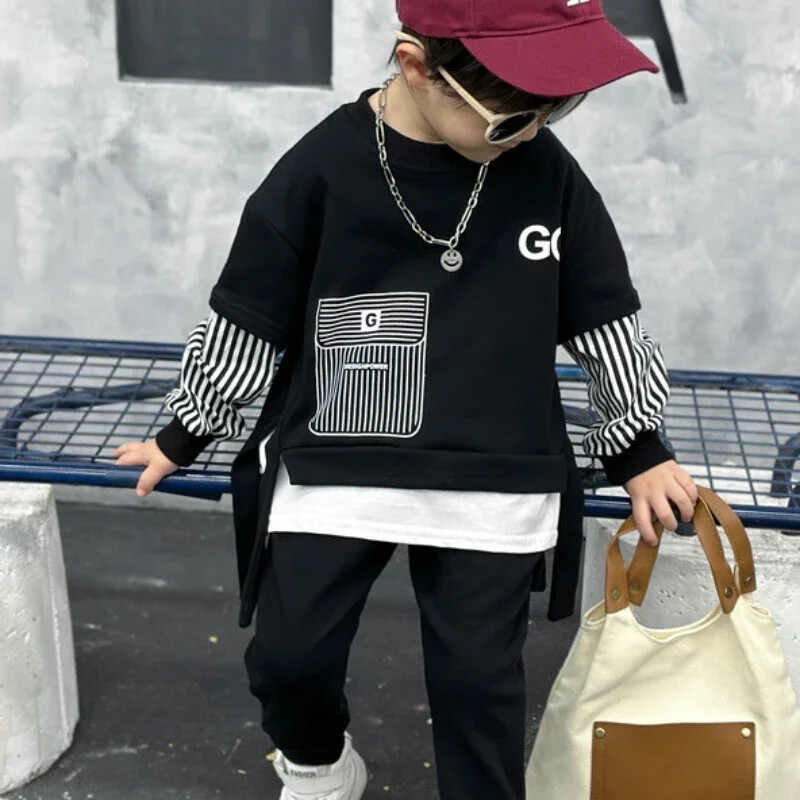 Haine toamna iarna pentru bebelusi baieti Set 2 bucăți fals și pantaloni sport pentru copii, cu dungi laterale, trening, ținute de buzunar cu imprimeu