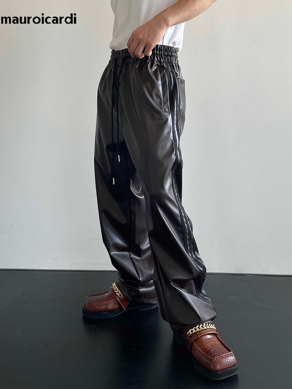Mauroicardi, primăvară, toamnă, negru, moale, elastic, impermeabil, din piele PU, pentru bărbați, cu talie elastică, haine casual largi