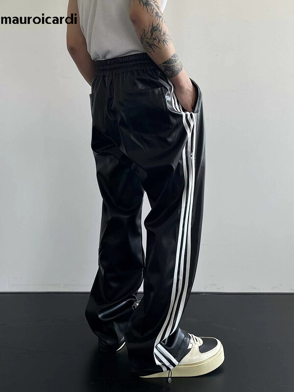 Mauroicardi, primăvară, toamnă, negru, moale, elastic, impermeabil, din piele PU, pentru bărbați, cu talie elastică, haine casual largi