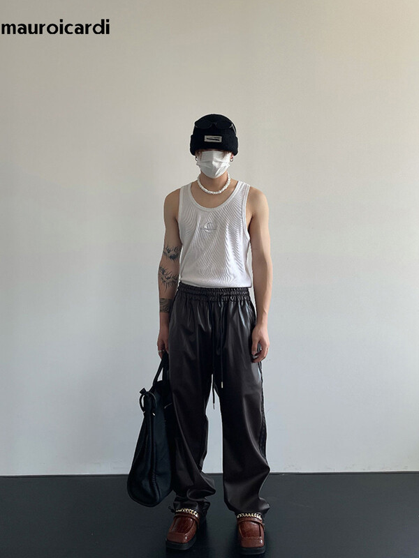 Mauroicardi, primăvară, toamnă, negru, moale, elastic, impermeabil, din piele PU, pentru bărbați, cu talie elastică, haine casual largi