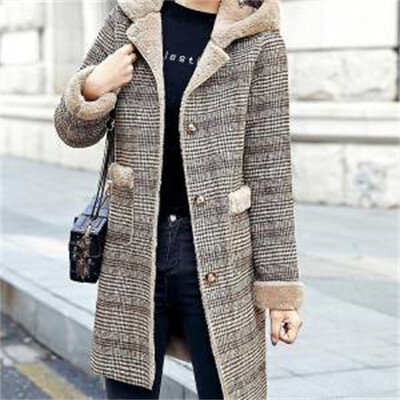 2022 téli új női kockás gyapjú voat műszőrme egyrészes plusz bársony vastag meleg középhosszú kapucnis női gyapjú dzseki A1140