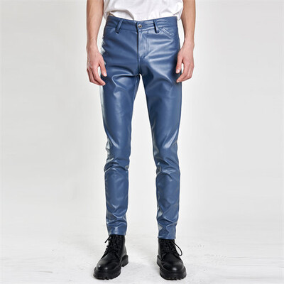 Pantaloni din piele motociclist verde strălucitor Moda bărbați Pantaloni subțiri elastici din PU Roșu Albastru Negru Gri Pantalon bărbați Mărimea Plus 28-36 38 40