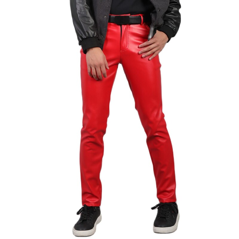 Pantaloni din piele motociclist verde strălucitor Moda bărbați Pantaloni subțiri elastici din PU Roșu Albastru Negru Gri Pantalon bărbați Mărimea Plus 28-36 38 40