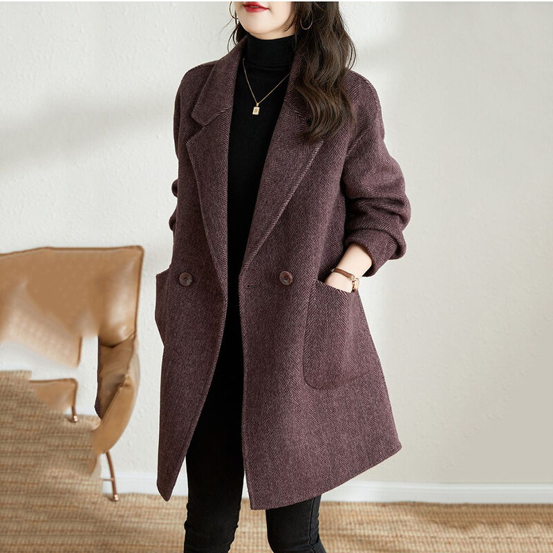 Vuneni kaput za žene jesen/zima 2024. Novi korejski modni temperament, srednje dugi opušteni ležerni topli kaput s ribljom kosti, ženski plime.