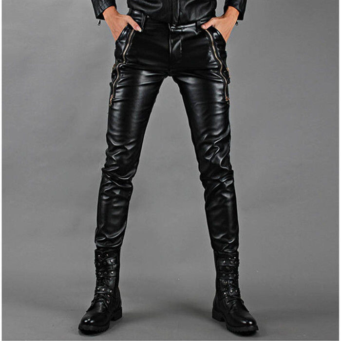 Idopy Halloween Show Costum de petrecere gotic punk pentru bărbați Pantaloni din piele artificială PU auriu Fermoar Hip Hop Pantaloni negri pentru bărbați