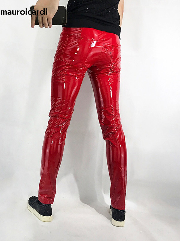 Mauroicardi proljeće jesen skinny pripijene seksi sjajne reflektirajuće rastezljive crvene lakirane pu kožne hlače muške Y2K ulične klupske odjeće