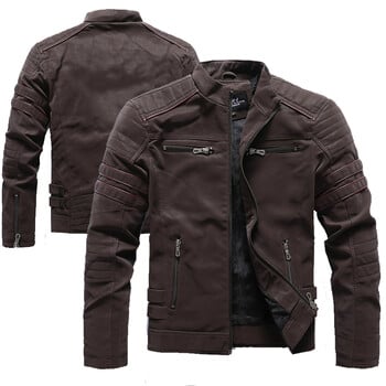 Ανδρικό δερμάτινο μπουφάν Winter Motorcycle PU 2023 Vintage Fleece Ζεστό δερμάτινο παλτό πολλαπλών τσέπης Ανδρικά φθινοπωρινά μπουφάν με φερμουάρ