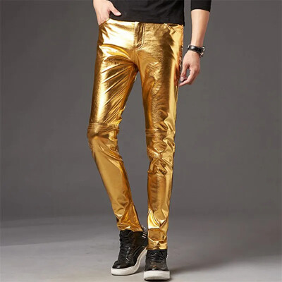 Vīriešu izdilis Spīdīgs Zelts Sudrabs Melns Pu Ādas Bikses Motocikls Vīriešu Nightclub Stage Bikses Dziedātājiem Dejotājiem Ikdienas bikses