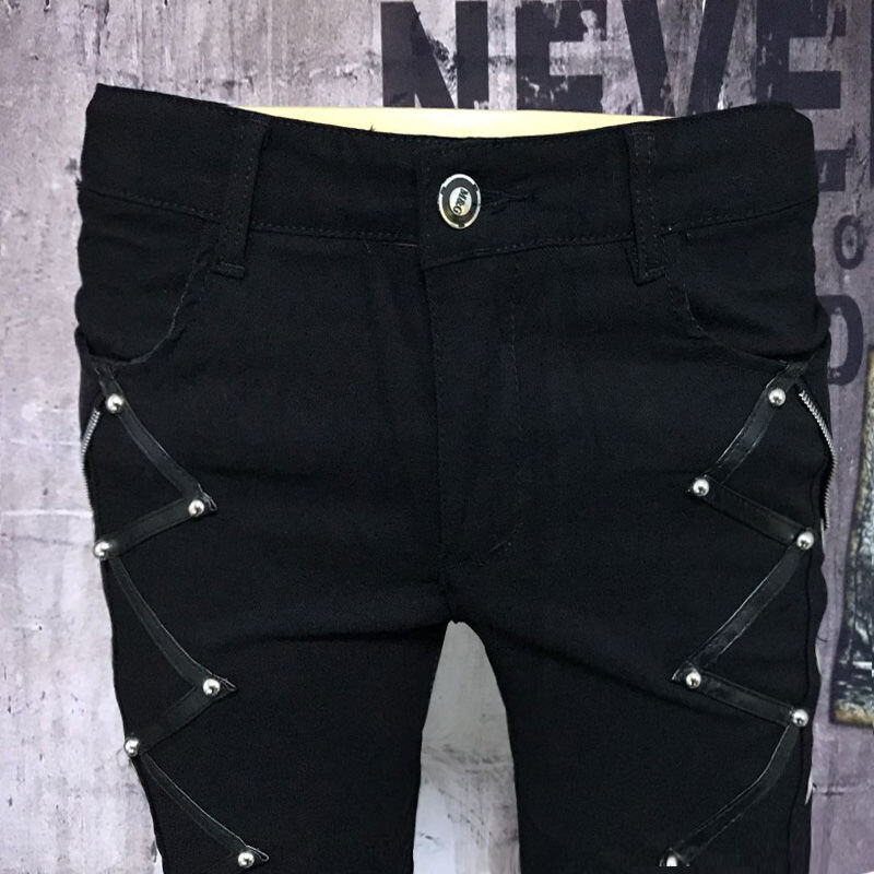 Ανδρικό 2024 Μόδα Slim Fit Skinny Παντελόνι Personality Rivet Δερμάτινο συνονθύλευμα στενό μποτάκι παντελόνι