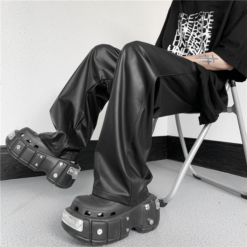 Ανδρικό ανοιξιάτικο και φθινοπωρινό ίσιο παντελόνι Απλή ελαστική σφουγγαρίστρα μέσης με φαρδύ πόδι Pu δερμάτινο παντελόνι