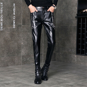 Мъжки кожени панталони Skinny Fit Еластични модни панталони от PU кожа Wet Look Stretch Faux Leacy Motocycle Pants Thin Streetwear