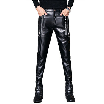 Мъжки кожени панталони Skinny Fit Еластични модни панталони от PU кожа Wet Look Stretch Faux Leacy Motocycle Pants Thin Streetwear