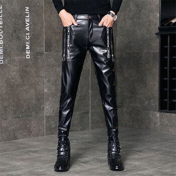 Мъжки кожени панталони Skinny Fit Еластични модни панталони от PU кожа Wet Look Stretch Faux Leacy Motocycle Pants Thin Streetwear