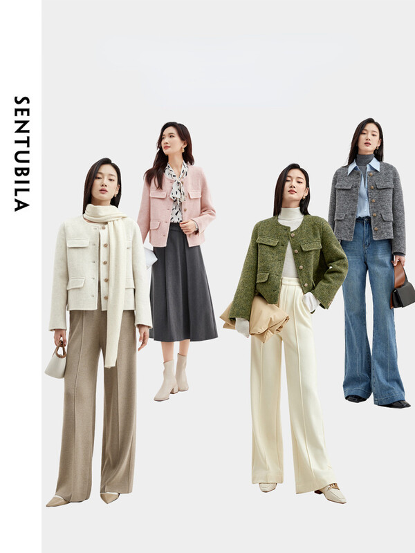 SENTUBILA Ženska vunena skraćena jakna 2024 Elegantni kratki zimski kaput od mješavine vune dugih rukava Gornja odjeća s dva lica W34O49414