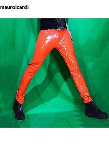 Mauroicardi Spring Skinny Sexy Shiny Reflective Stretchy Thin Orange Yellow Blue Patent Pu Leather Pants Men Y2K Streetwear 2023