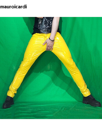 Mauroicardi Spring Skinny Sexy Shiny Reflective Stretchy Thin Orange Yellow Blue Patent Pu Leather Pants Men Y2K Streetwear 2023