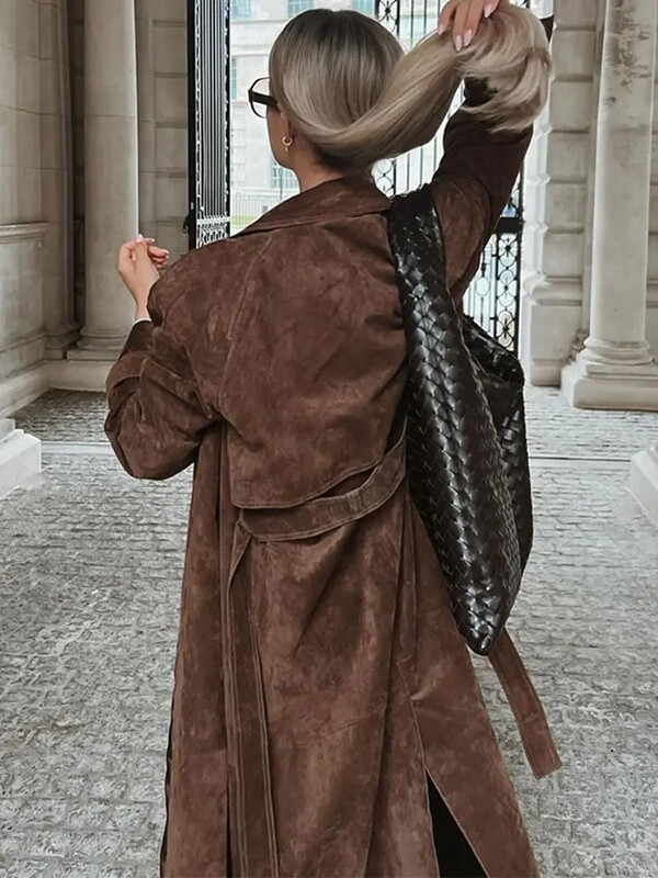 Elegantni kožni remen od brušene kože, duga vjetrovka, modna jakna s duplim gumbima, prevelika jakna, jesen 2024. Visokokvalitetna ulična odjeća