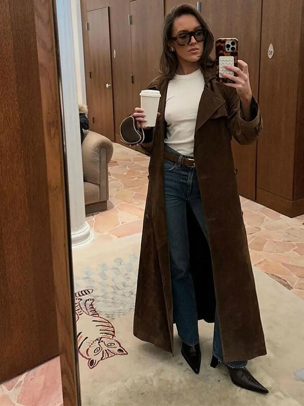 Elegantni kožni remen od brušene kože, duga vjetrovka, modna jakna s duplim gumbima, prevelika jakna, jesen 2024. Visokokvalitetna ulična odjeća