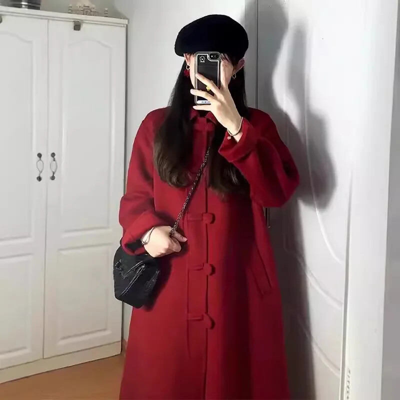 2024, stil nou, jachetă de lână coreeană pentru femei, pardesiu de lungime medie, slim fit, pentru toamnă/iarnă roșu