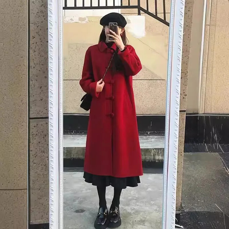 2024, stil nou, jachetă de lână coreeană pentru femei, pardesiu de lungime medie, slim fit, pentru toamnă/iarnă roșu