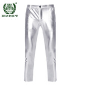 Ανδρικό PU Δερμάτινο Παντελόνι Μοτοσικλέτα Skinny Shiny Gold Coated Μεταλλικό Παντελόνι Παντελόνι Stage Nightclub Perform Pants for Singers Men