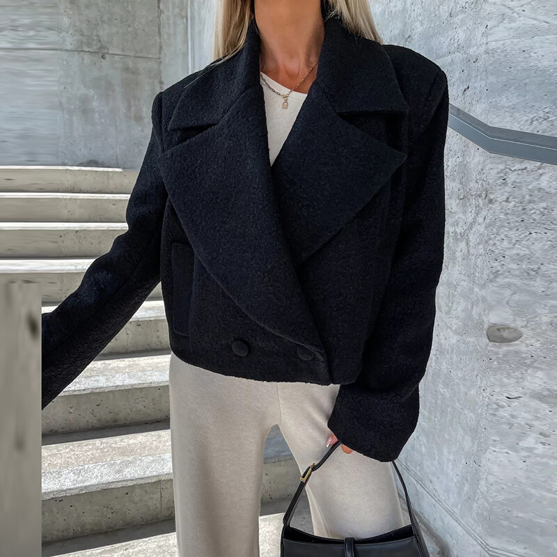 Sieviešu 2023. gada modes brīvs divrindu virsdrēbes, īss vienkrāsains vilnas mētelis, ikdienišķs, atloks kabatas, vilnas jaka Jauns