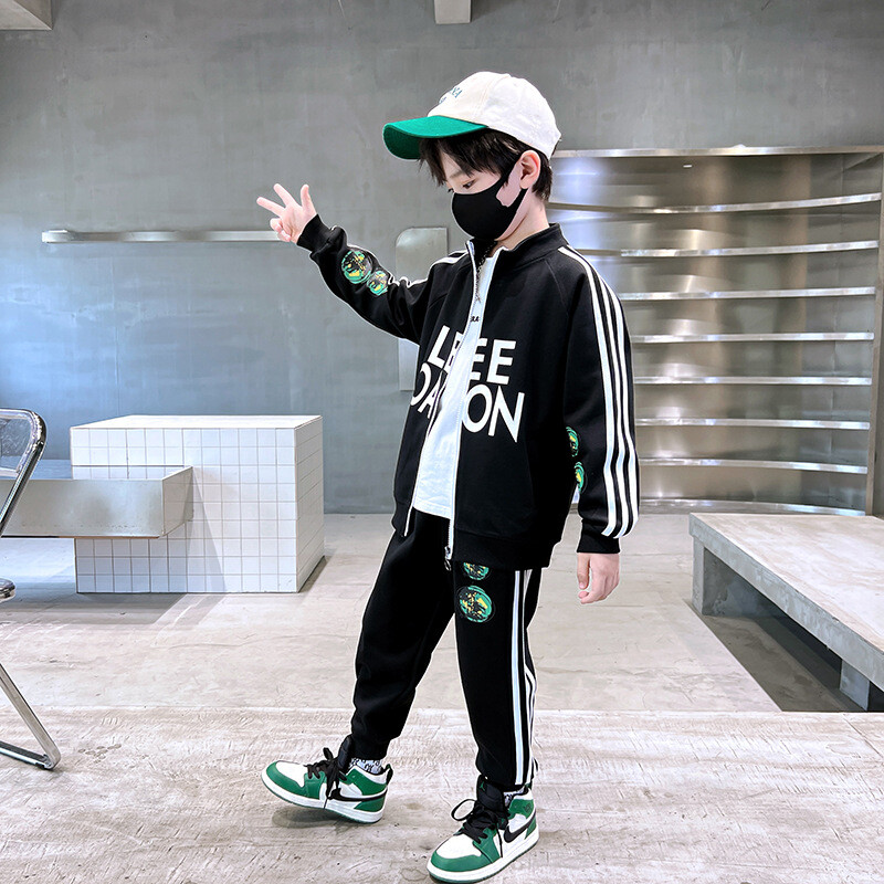 Őszi gyermek fiú ruha szett gyerek lány baseball cipzáros kabát és oldalsó csíkos nadrág 2 részes öltöny tinédzser betűs tréningruhák