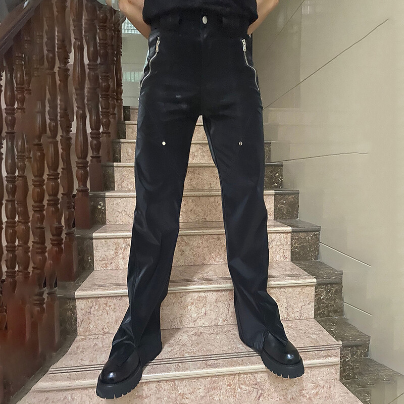 Ulične Y2K hlače Američke retro hlače od umjetne kože Muške punk hlače s dizajnom zakovica Trend široke sjajne ravne hlače visokog struka