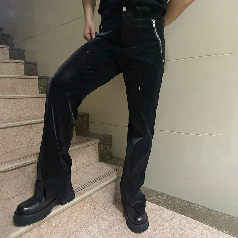Ulične Y2K hlače Američke retro hlače od umjetne kože Muške punk hlače s dizajnom zakovica Trend široke sjajne ravne hlače visokog struka
