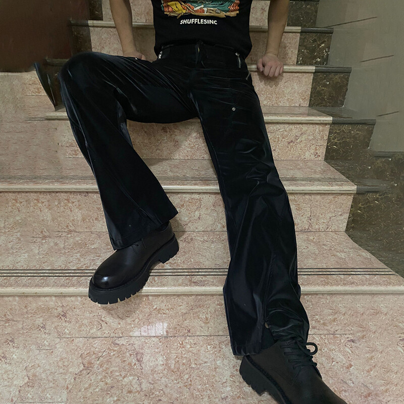 Ulične Y2K hlače Američke retro hlače od umjetne kože Muške punk hlače s dizajnom zakovica Trend široke sjajne ravne hlače visokog struka
