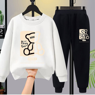 Rudens mazulis meitene zēns drēbju komplekts bērniem karikatūra lācis apdrukāts džemperis tops un bikses dibens divdaļīgs uzvalks kokvilnas treniņtērps