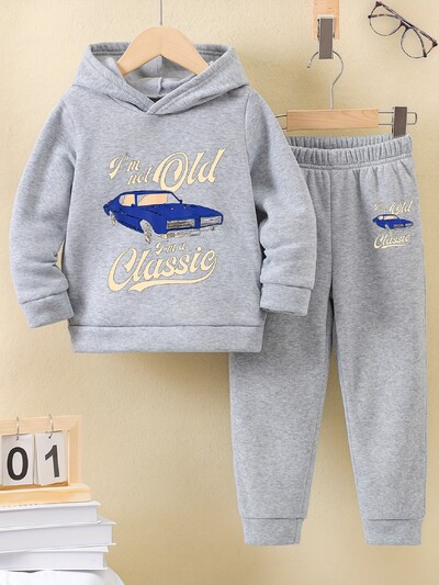 2 komplekti Boys rudens un ziemas jauna sporta stila ikdienas modes raksta apdrukāta silta un flīsa kapuci un treniņtērpa bikses