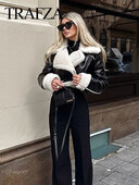 TRAFZA Jachetă de piele decupată pentru femei Jachetă neagră din amestec de lână Jachetă Bomber Tweed Toamnă Iarnă Jachetă de blană din piele