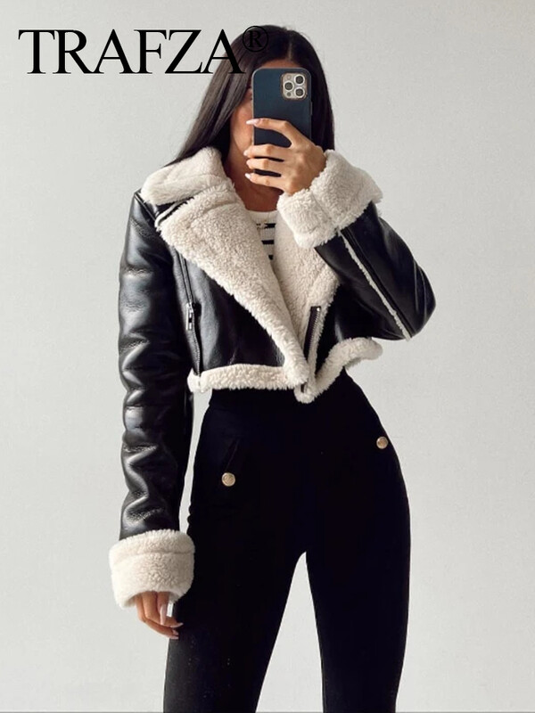 TRAFZA Jachetă de piele decupată pentru femei Jachetă neagră din amestec de lână Jachetă Bomber Tweed Toamnă Iarnă Jachetă de blană din piele