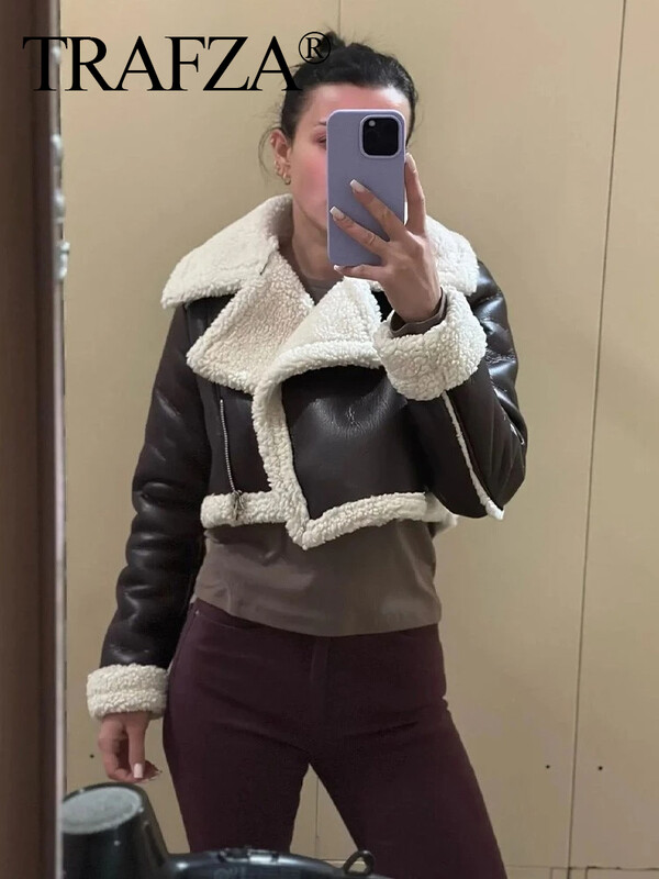 TRAFZA Jachetă de piele decupată pentru femei Jachetă neagră din amestec de lână Jachetă Bomber Tweed Toamnă Iarnă Jachetă de blană din piele