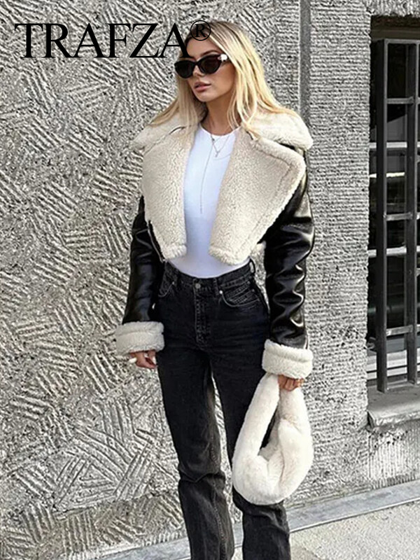 TRAFZA Jachetă de piele decupată pentru femei Jachetă neagră din amestec de lână Jachetă Bomber Tweed Toamnă Iarnă Jachetă de blană din piele
