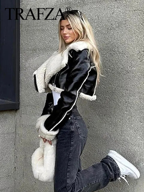 TRAFZA Jachetă de piele decupată pentru femei Jachetă neagră din amestec de lână Jachetă Bomber Tweed Toamnă Iarnă Jachetă de blană din piele