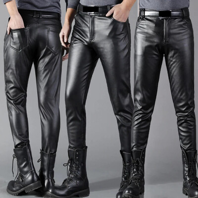 Pantaloni din piele bărbați Skinny Fit Elasti Fashion Pantaloni din piele PU Pantaloni motociclete Wet Look Stretch Faux Leather Streetwear