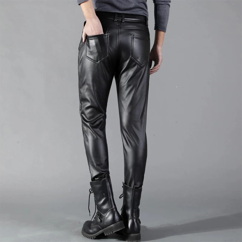 Pantaloni din piele bărbați Skinny Fit Elasti Fashion Pantaloni din piele PU Pantaloni motociclete Wet Look Stretch Faux Leather Streetwear