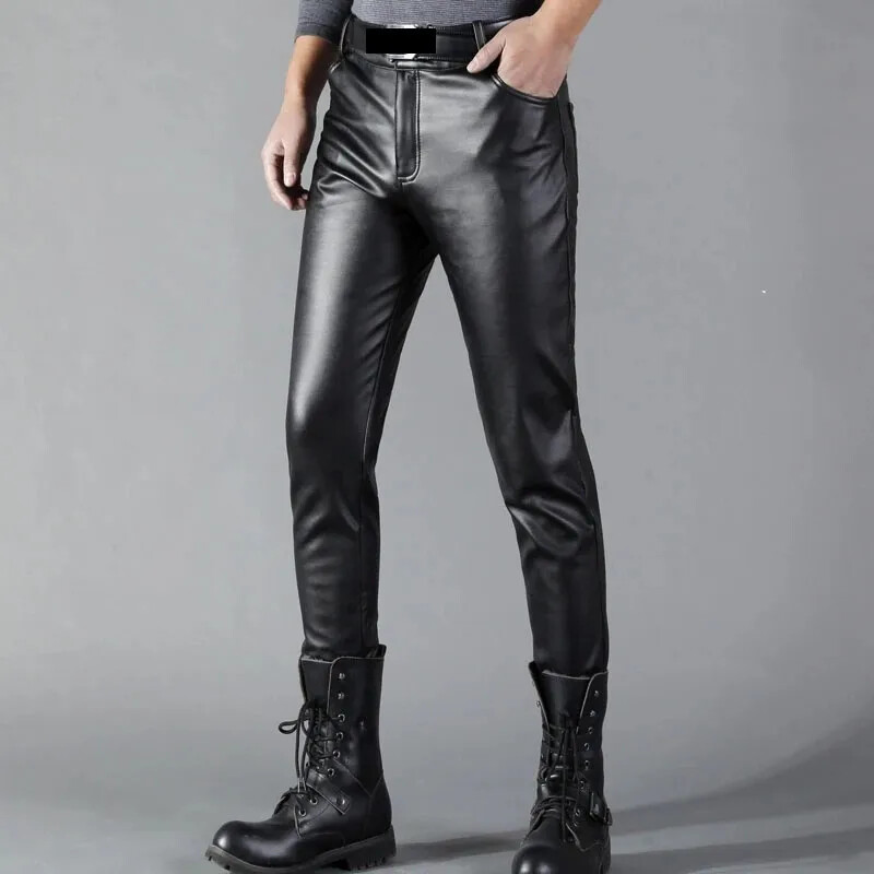 Pantaloni din piele bărbați Skinny Fit Elasti Fashion Pantaloni din piele PU Pantaloni motociclete Wet Look Stretch Faux Leather Streetwear