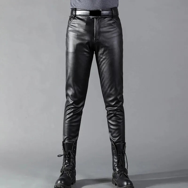 Pantaloni din piele bărbați Skinny Fit Elasti Fashion Pantaloni din piele PU Pantaloni motociclete Wet Look Stretch Faux Leather Streetwear