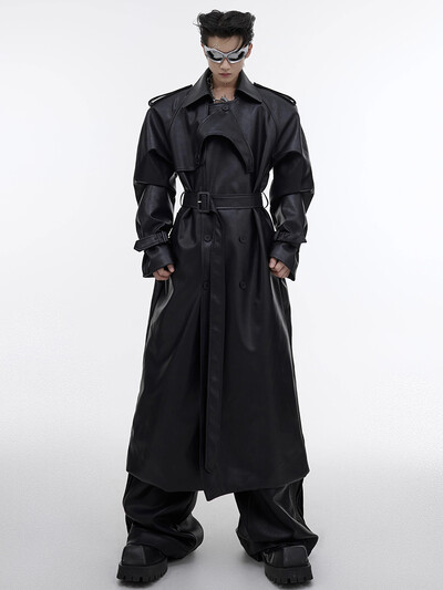 Mauroicardi rudens garš lielizmēra melns brūns mākslīgās ādas mētelis vīriešu jostas divrindu grezns dizaineru apģērbs 2023