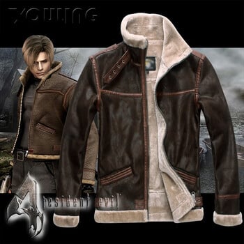 Biohazard Resident 4 Leon S Kennedy Evil Costume Кожено палто Яке Cosplay PU Faur Яке С дълъг ръкав Зимно връхно облекло Мъже Момче