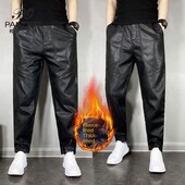 Ležerne jesenske i zimske kožne hlače s elastičnim strukom za muškarce Vjetrootporne korejske vuno motociklističke crne hlače otporne na vjetar