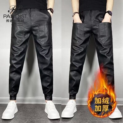 Ležerne jesenske i zimske kožne hlače s elastičnim strukom za muškarce Vjetrootporne korejske vuno motociklističke crne hlače otporne na vjetar