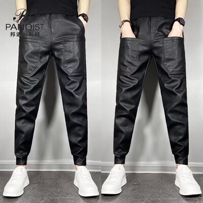 Ležerne jesenske i zimske kožne hlače s elastičnim strukom za muškarce Vjetrootporne korejske vuno motociklističke crne hlače otporne na vjetar